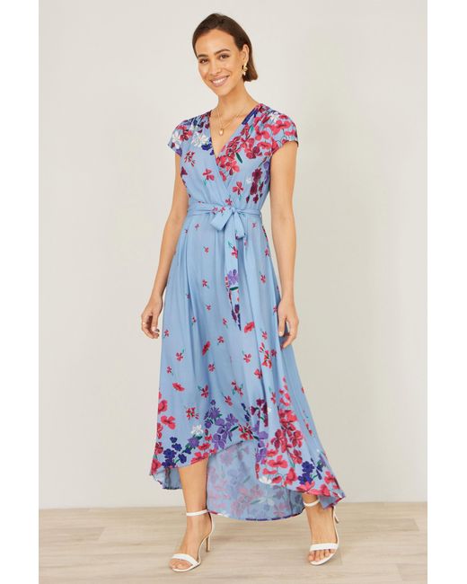 Yumi' Blue Floral Mirror Wrap High Low Midi Wrap Dress