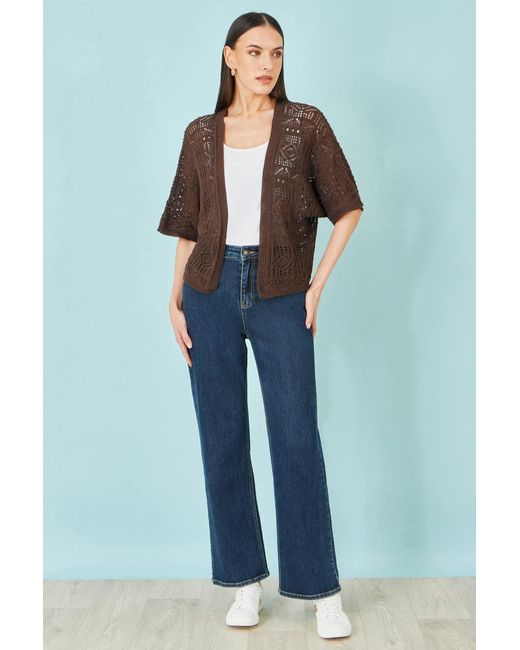 Yumi' Brown Crochet Edge To Edge 3/4 Sleeve Cardigan
