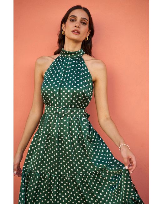 Yumi' Green Spot Print Halter Midi Dress With Matching Belt