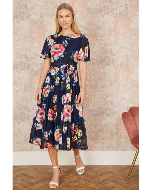 Yumi' Blue Mesh Floral Print Midi Dress With Angel Sleeves