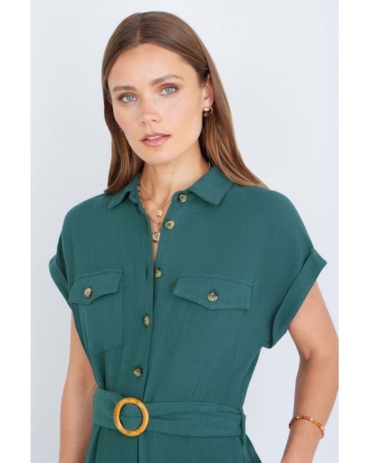 Yumi' Green Viscose Linen Look Midi Shirt Dress With Wooden Belt