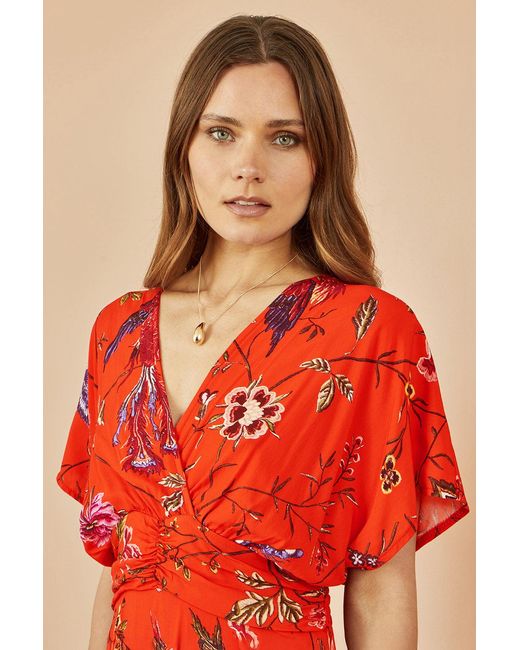 Yumi' Red Viscose Bird And Floral Print Kimono Midi Dress