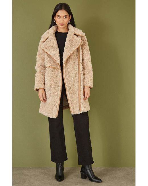 Yumi' Green Textured Borg Biker Coat