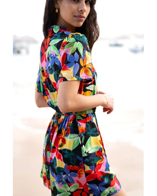 Yumi' Red Multicolour Tropical Leaf Print Playsuit