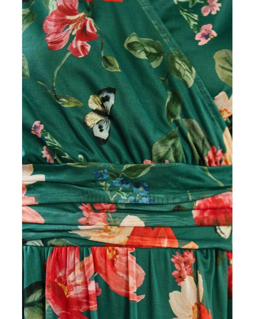 Yumi' Green Blurred Floral Print Mesh Stretch Midi Dress With Pockets
