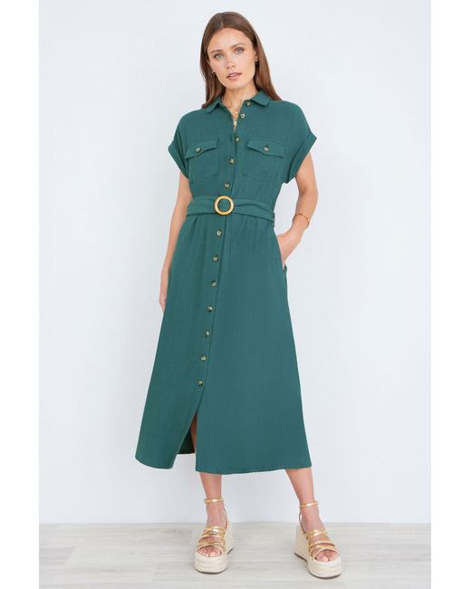 Yumi' Green Viscose Linen Look Midi Shirt Dress With Wooden Belt