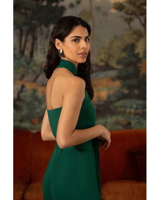 Yumi' Green Cross Over Halter Neck Jumpsuit