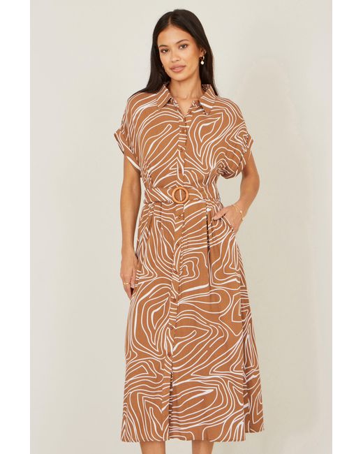 Yumi' Brown Abstract Swirl Print Relaxed Midi Shirt Dress With Belt