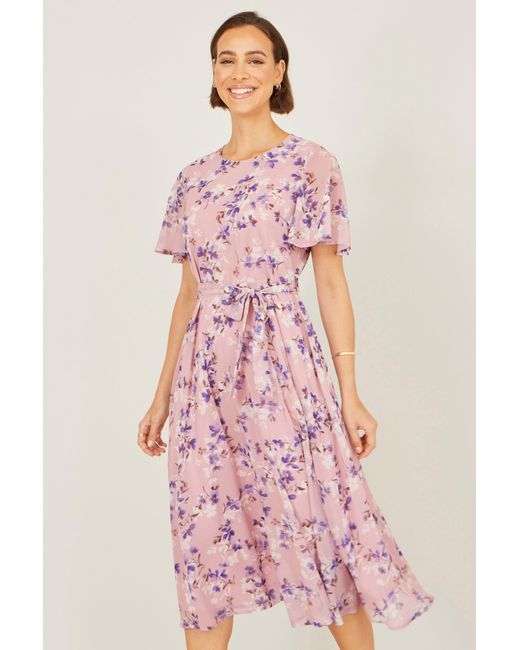 Yumi' Pink Blossom Skater Midi Dress With Angel Sleeves