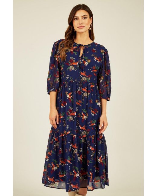 Yumi' Blue Fox Print 3/4 Sleeve Boho Midi Dress