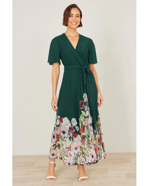 Yumi' Green Mesh Wrap Midi Dress With Floral Hem Border
