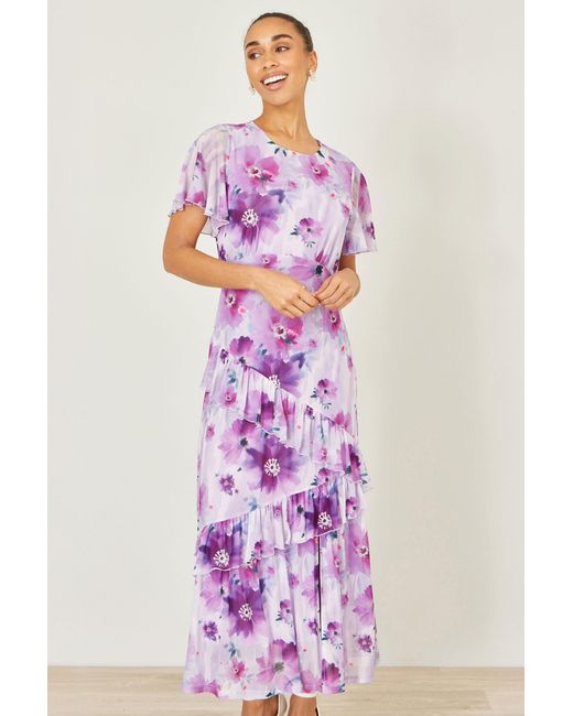 Yumi' Pink Floral Print Frill Midi Dress