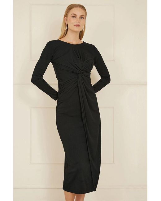 Yumi' Black Midi Fitted Stretch Dress With Knot Detail
