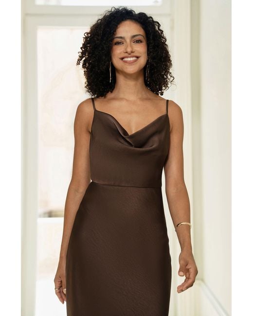 Yumi' Natural Satin Cowl Neck Midi Slip Dress