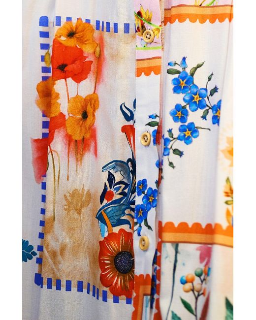 Yumi' Green Tropical Postcard Print Relaxed Midi Shirt Dress