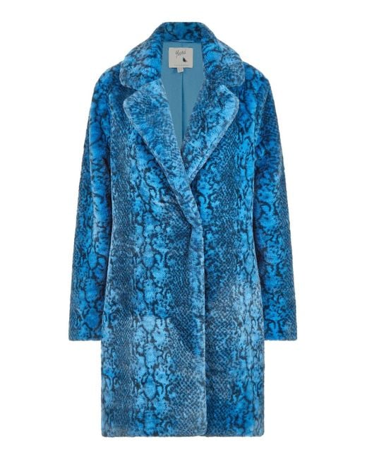 Yumi' Blue Snakeskin Print Faux Fur Coat