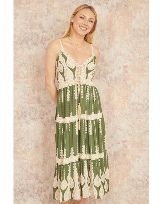 Yumi' Natural Viscose Paisley Print Lace Trim Midi Sun Dress