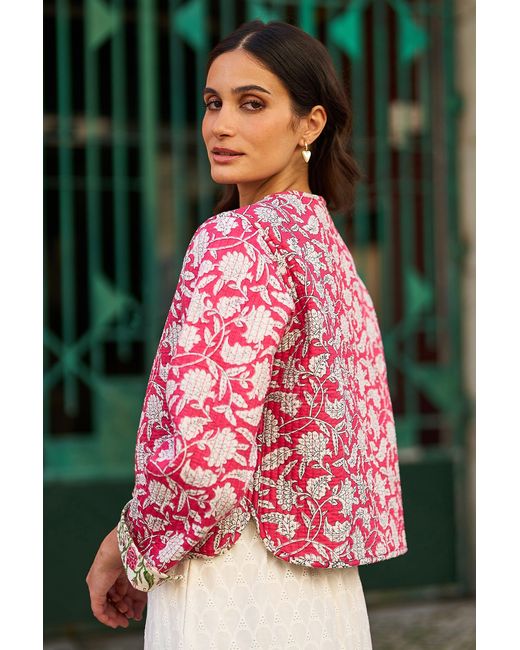 Yumi' Red Floral Reversible Cotton Quilted Jacket