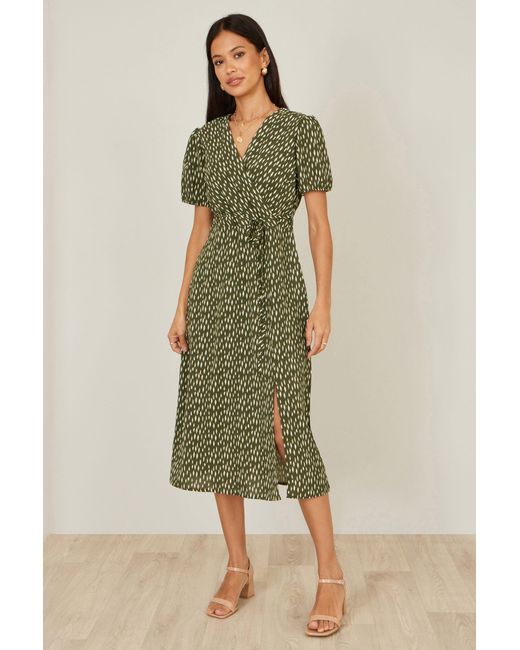 Yumi' Green Spot Wrap Midi Tea Dress