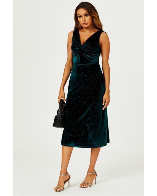 FS Collection Black Sparkly Velvet Knot Front Midi Dress