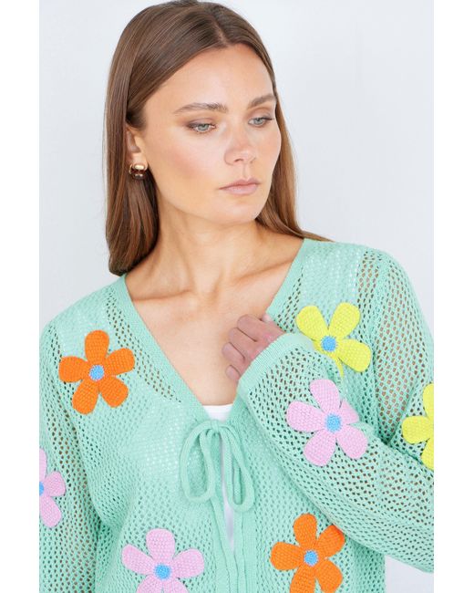 Yumi' Blue Mint Tie Front Cardigan With Flower Design