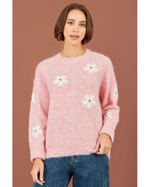 Yumi' Pink Relaxed Jumper With Crochet Flowers