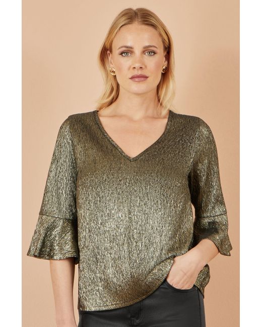Yumi' Green Stretch Top With Fluted Sleeves