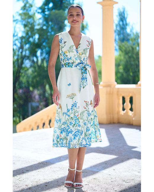 Yumi' Blue Butterfly Print Midi Wrap Dress