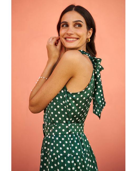 Yumi' Green Spot Print Halter Midi Dress With Matching Belt