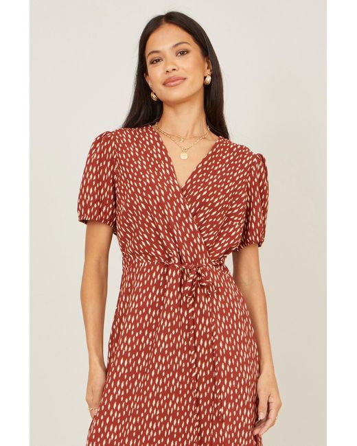 Yumi' Brown Spot Wrap Midi Dress