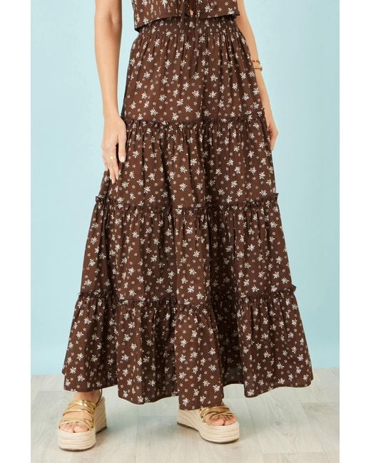 Yumi' Brown Daisy Print Maxi Skirt