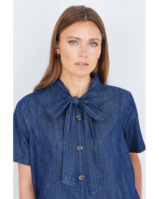 Yumi' Blue Chambray Tunic With Pussy Bow Tie