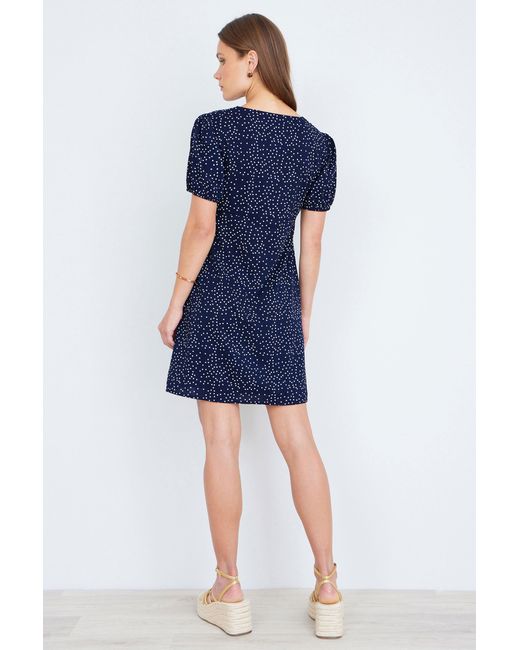 Yumi' Blue Spot Print Lace Trim Skater Dress