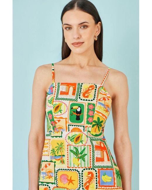 Yumi' Green Multicolour Postcard Print Mini Sun Dress