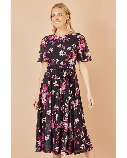 Yumi' Black Mesh Skater Floral Midi Dress