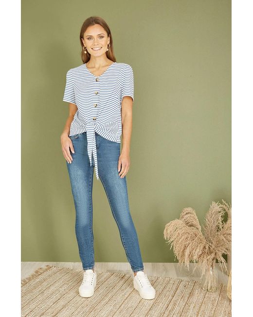 Yumi' Blue Striped Jersey Button Detail Top