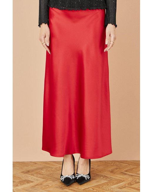 Yumi' Red Satin Midi Skirt