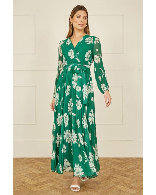 Yumi' Green Floral Pleated Midi Wrap Long Sleeve Dress