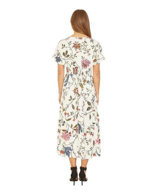 Yumi' Orange Ivory Bird And Floral Print Ruched Waist Kimono Midi Dress
