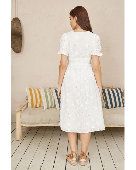 Yumi' Natural Cotton Broderie Anglaise Midi Button Up Dress