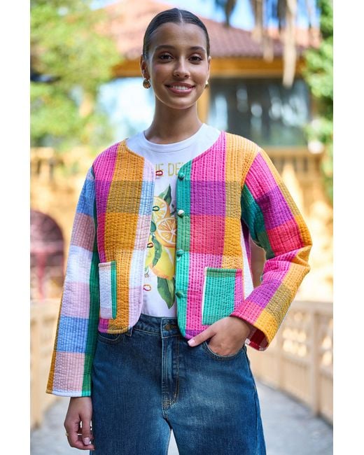 Yumi' Multicolor Multicolour Checked Cropped Reversible Cotton Quilted Jacket