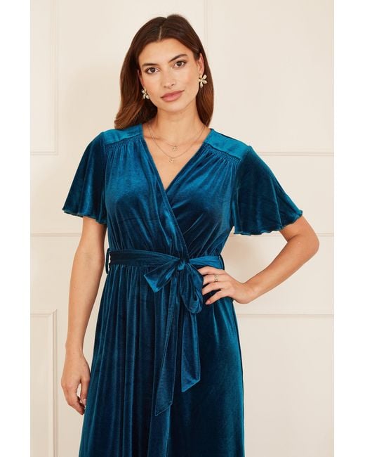 Yumi' Blue Wrap Over Midi Dress With Angel Sleeves And Split Hem