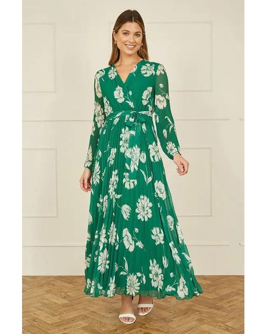 Yumi' Green Floral Pleated Midi Wrap Long Sleeve Dress