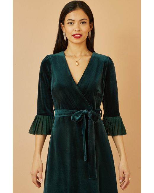 Yumi' Blue Velvet Wrap Midi Dress With Contrast Hemline