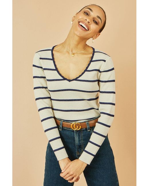 Yumi' White Metallic Stripe Knitted Ribbed Top