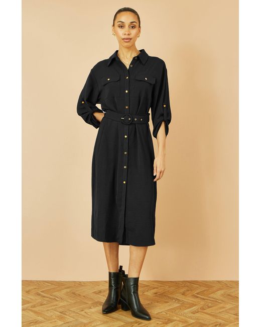 Yumi' Black Stretch Midi Shirt Dress