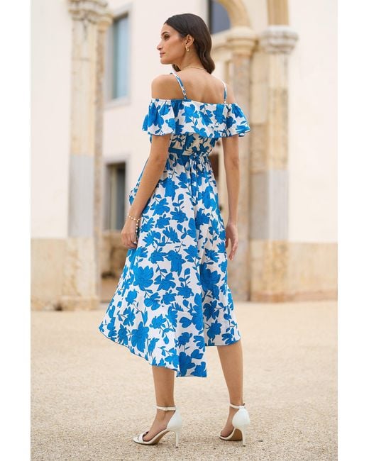 Yumi' Blue Floral Print Bardot Midi Dress With Dip Hem