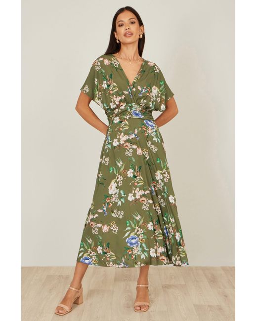 Yumi' Green Viscose Floral Print Midi Dress With Ruched Waist