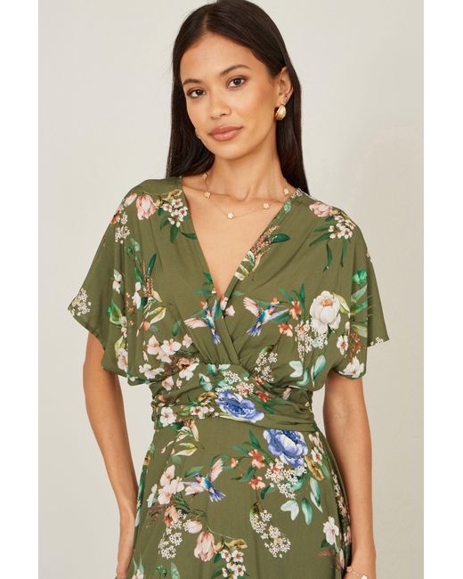 Yumi' Green Viscose Floral Print Midi Dress With Ruched Waist