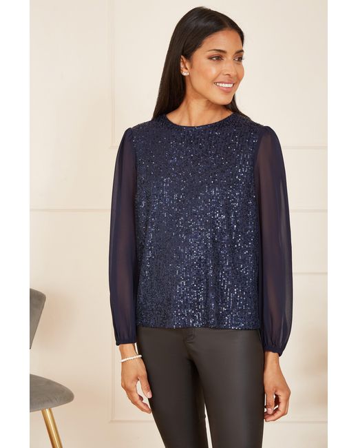 Yumi' Blue Sequin Top With Sheer Sleeves